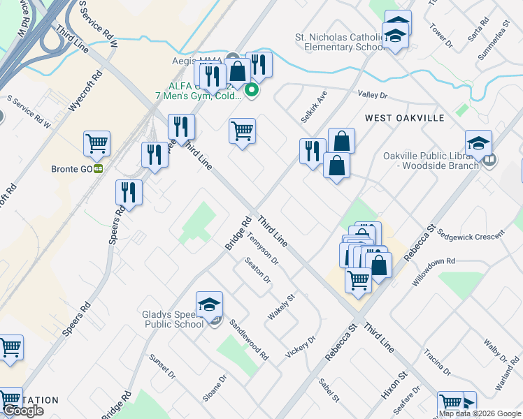 map of restaurants, bars, coffee shops, grocery stores, and more near 515 Third Line in Oakville