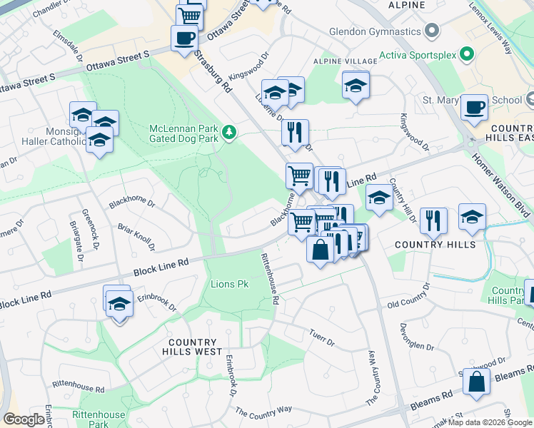 map of restaurants, bars, coffee shops, grocery stores, and more near 37 Blackhorne Crescent in Kitchener