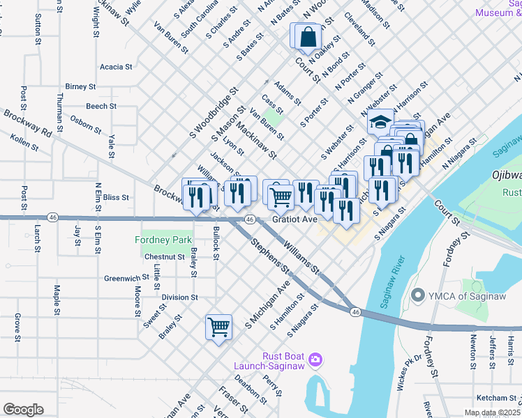 map of restaurants, bars, coffee shops, grocery stores, and more near 705 South Granger Street in Saginaw