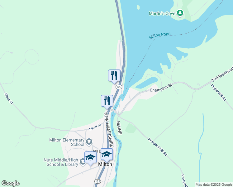 map of restaurants, bars, coffee shops, grocery stores, and more near 579 White Mountain Highway in Milton