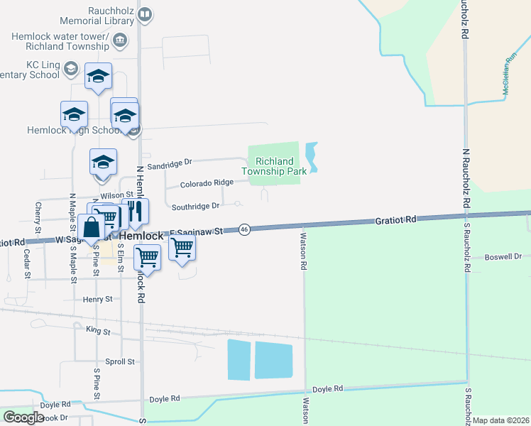 map of restaurants, bars, coffee shops, grocery stores, and more near 430 Parkside Lane in Hemlock