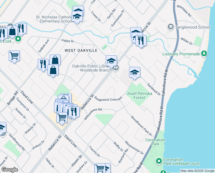 map of restaurants, bars, coffee shops, grocery stores, and more near 273 Savoy Crescent in Oakville