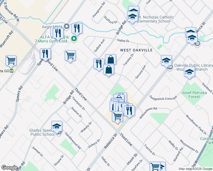 map of restaurants, bars, coffee shops, grocery stores, and more near 532 Sandmere Place in Oakville