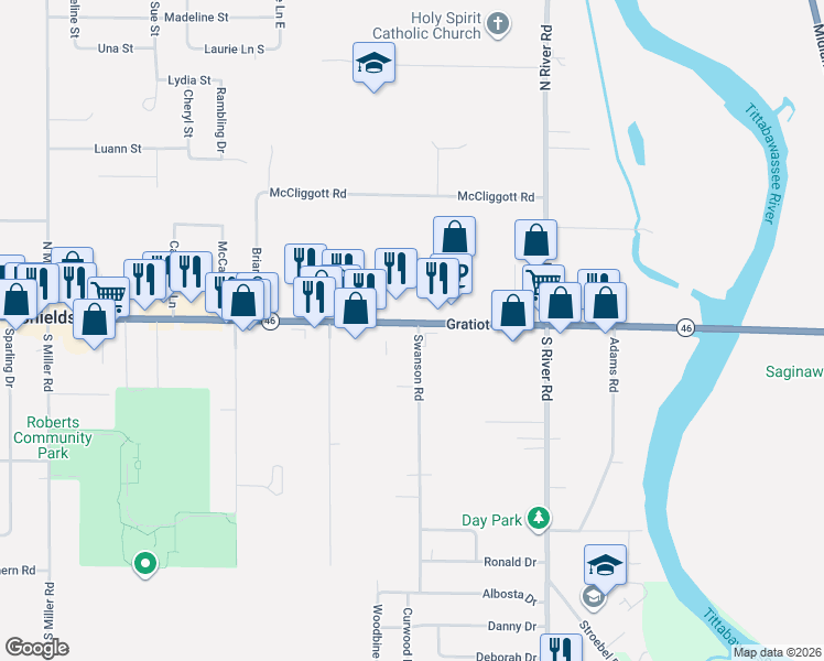 map of restaurants, bars, coffee shops, grocery stores, and more near 7261 Gratiot Road in Saginaw