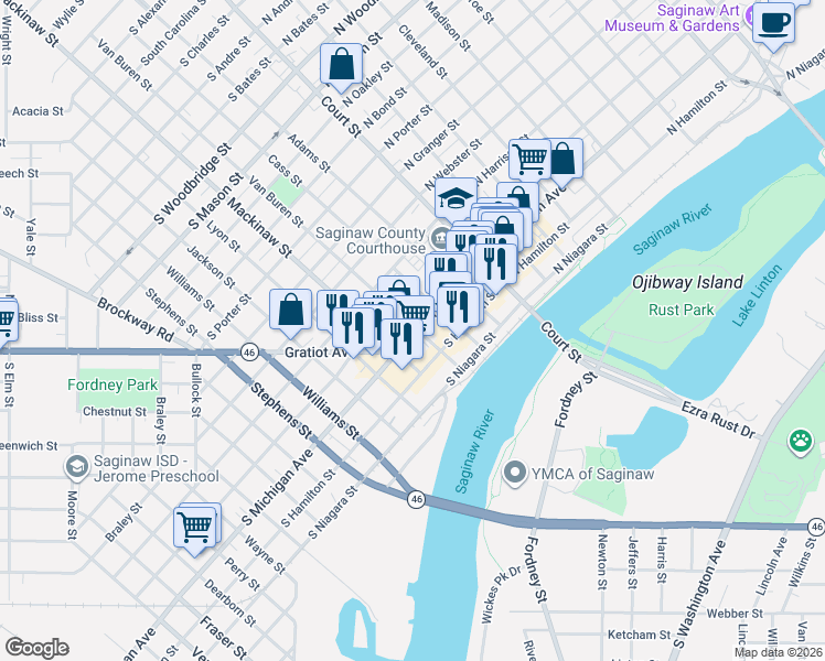 map of restaurants, bars, coffee shops, grocery stores, and more near 509 Van Buren Street in Saginaw