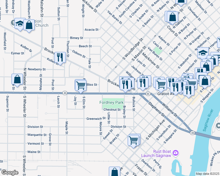 map of restaurants, bars, coffee shops, grocery stores, and more near 1305 Brockway Road in Saginaw