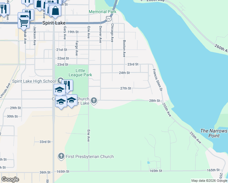 map of restaurants, bars, coffee shops, grocery stores, and more near 260-398 27th Street in Spirit Lake