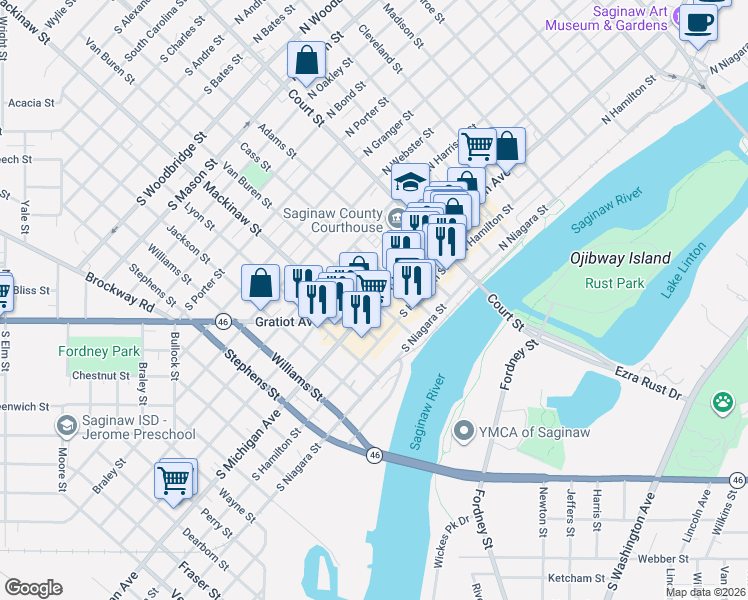 map of restaurants, bars, coffee shops, grocery stores, and more near 509 Van Buren Street in Saginaw