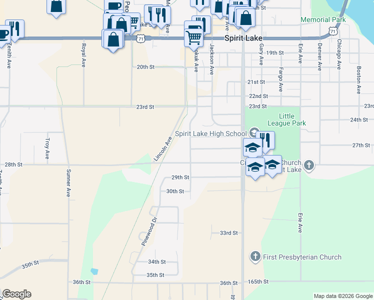 map of restaurants, bars, coffee shops, grocery stores, and more near 2698 Keokuk Avenue in Spirit Lake