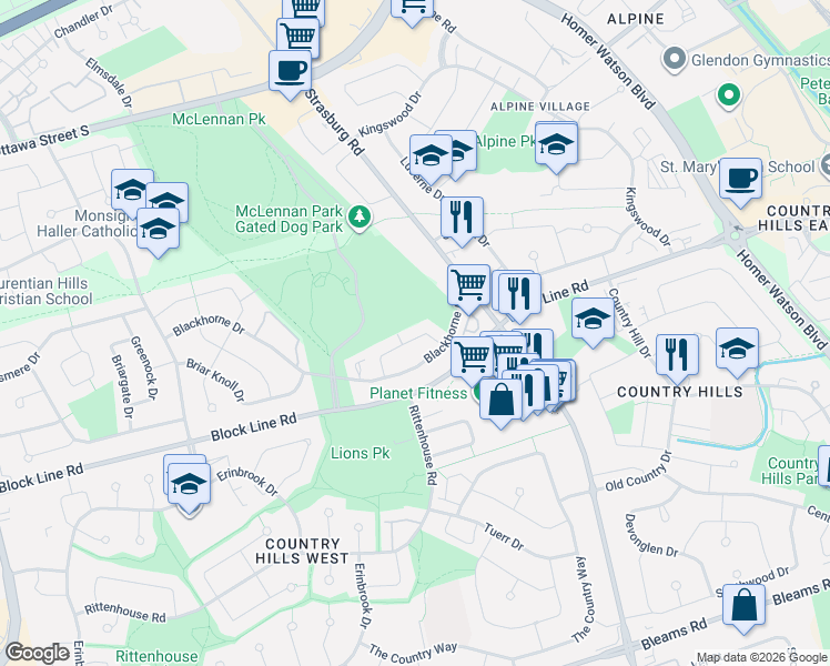 map of restaurants, bars, coffee shops, grocery stores, and more near 22 Blackhorne Crescent in Kitchener