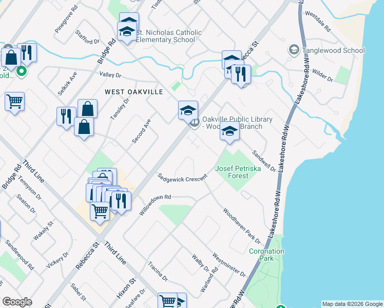 map of restaurants, bars, coffee shops, grocery stores, and more near 261 Savoy Crescent in Oakville