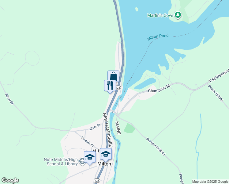 map of restaurants, bars, coffee shops, grocery stores, and more near 579 White Mountain Highway in Milton