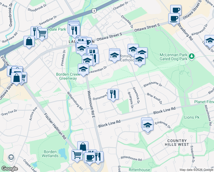 map of restaurants, bars, coffee shops, grocery stores, and more near 88 Dunsmere Drive in Kitchener
