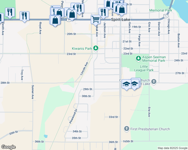 map of restaurants, bars, coffee shops, grocery stores, and more near 3717 Keokuk Avenue in Spirit Lake