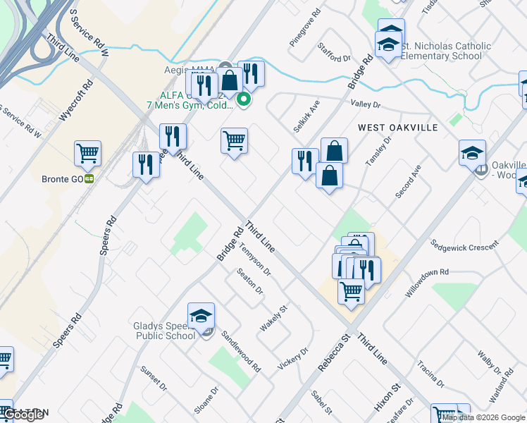 map of restaurants, bars, coffee shops, grocery stores, and more near 1510 Bridge Road in Oakville