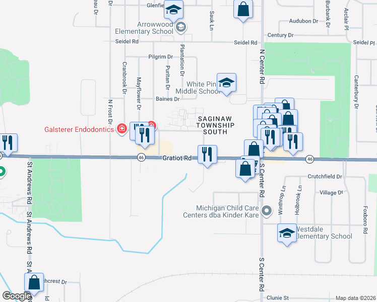 map of restaurants, bars, coffee shops, grocery stores, and more near 5300 Gratiot Road in Saginaw