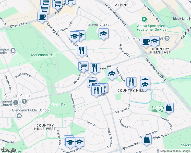 map of restaurants, bars, coffee shops, grocery stores, and more near 655 Strasburg Road in Kitchener