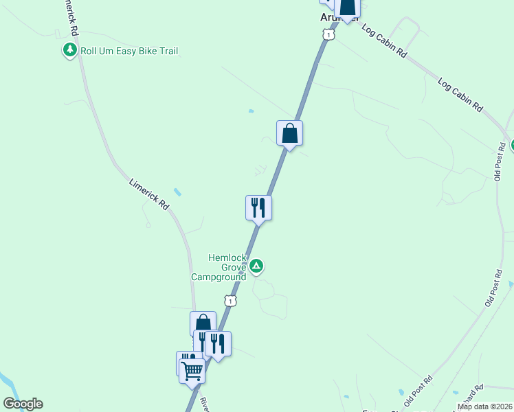 map of restaurants, bars, coffee shops, grocery stores, and more near 1336-1434 Portland Rd in Arundel