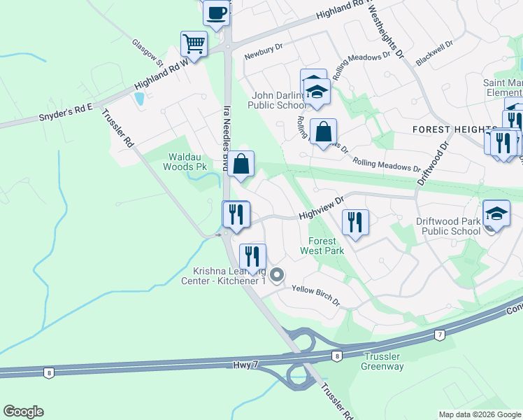 map of restaurants, bars, coffee shops, grocery stores, and more near 19 Old Maple Lane in Kitchener