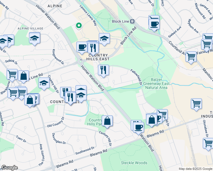 map of restaurants, bars, coffee shops, grocery stores, and more near 701 Homer Watson Boulevard in Kitchener