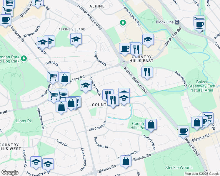 map of restaurants, bars, coffee shops, grocery stores, and more near 43 Murrayhill Court in Kitchener