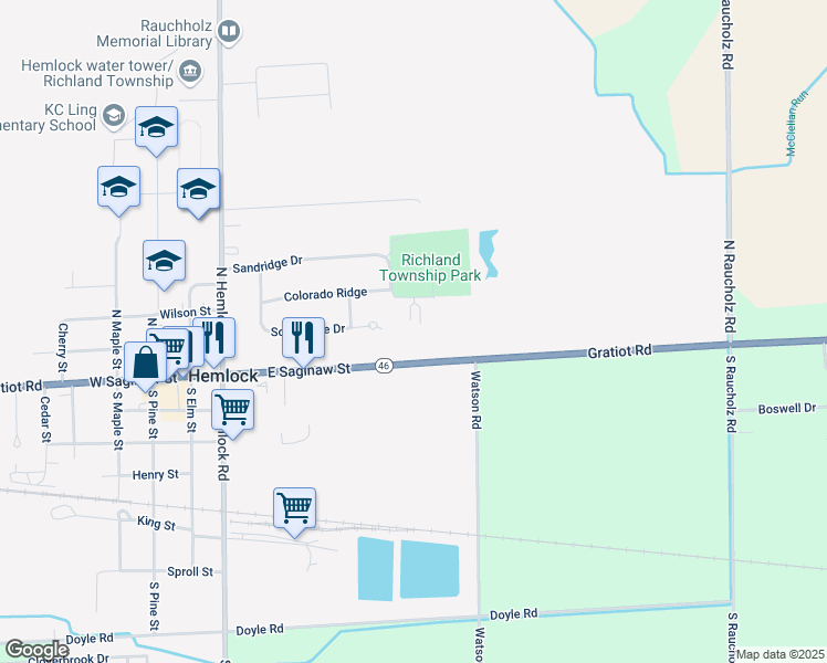 map of restaurants, bars, coffee shops, grocery stores, and more near 430 Parkside Lane in Hemlock