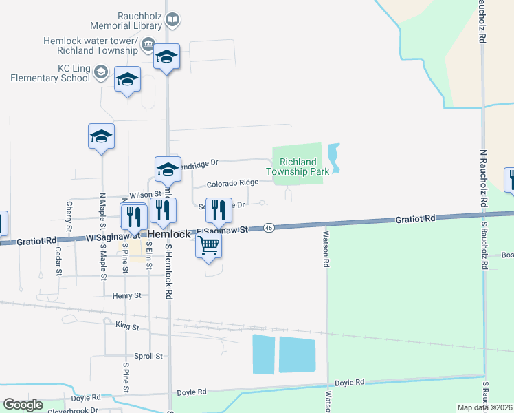 map of restaurants, bars, coffee shops, grocery stores, and more near 393 Southridge Drive in Hemlock