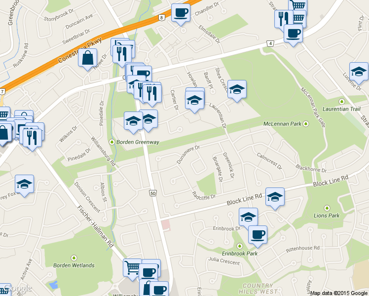 map of restaurants, bars, coffee shops, grocery stores, and more near 88 Dunsmere Drive in Kitchener