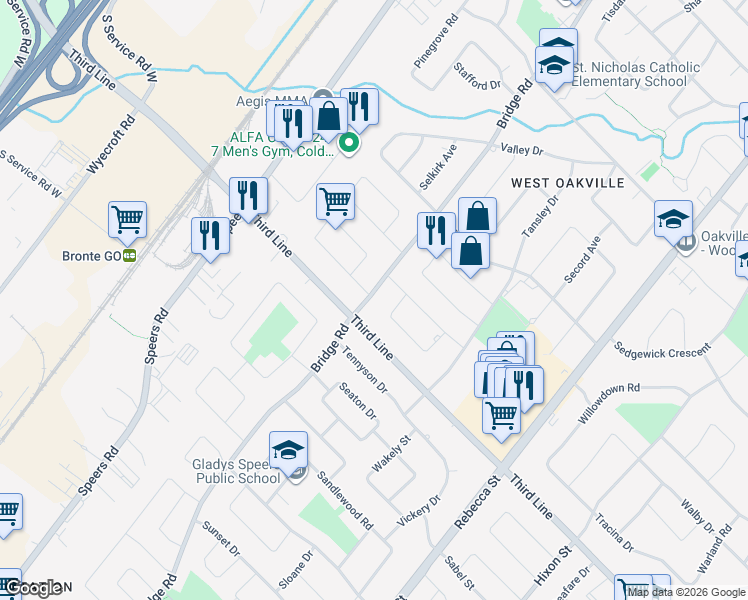 map of restaurants, bars, coffee shops, grocery stores, and more near 1498 Bridge Road in Oakville