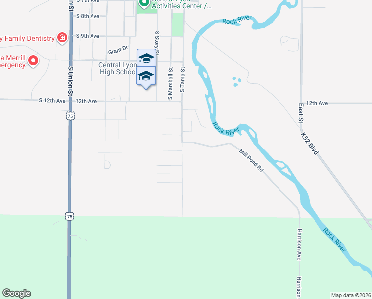 map of restaurants, bars, coffee shops, grocery stores, and more near 1404 South Tama Street in Rock Rapids