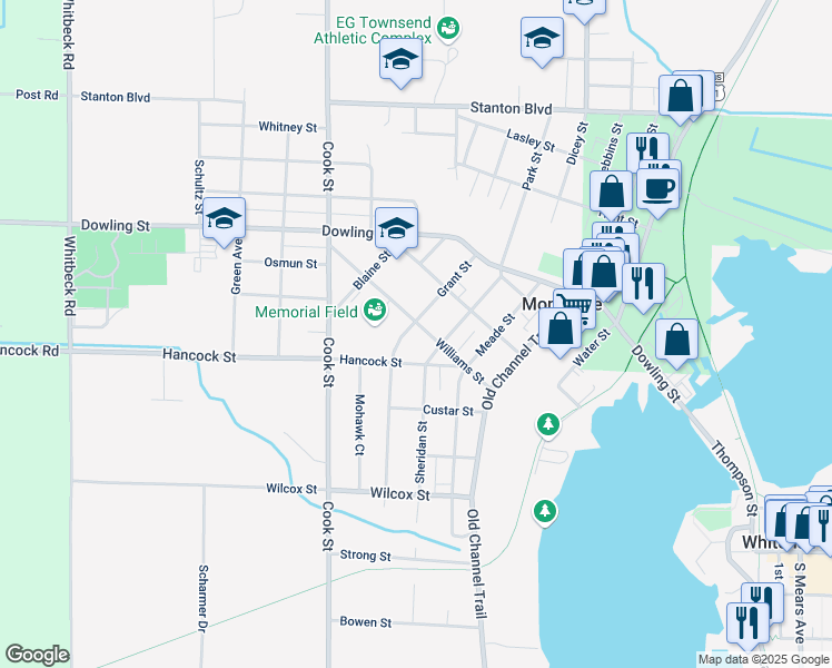 map of restaurants, bars, coffee shops, grocery stores, and more near 4859 Williams Street in Montague