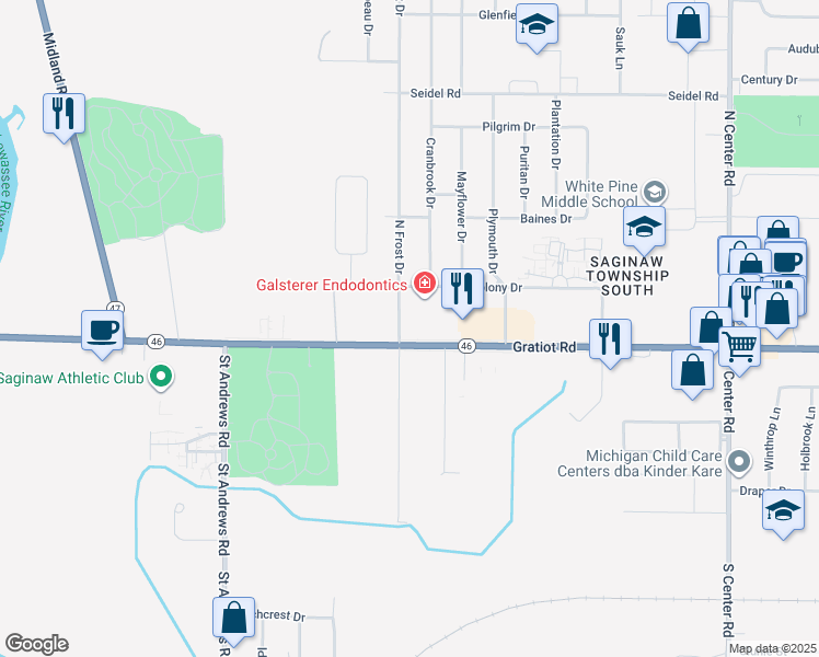 map of restaurants, bars, coffee shops, grocery stores, and more near 70 N Frost Dr in Saginaw Charter Township