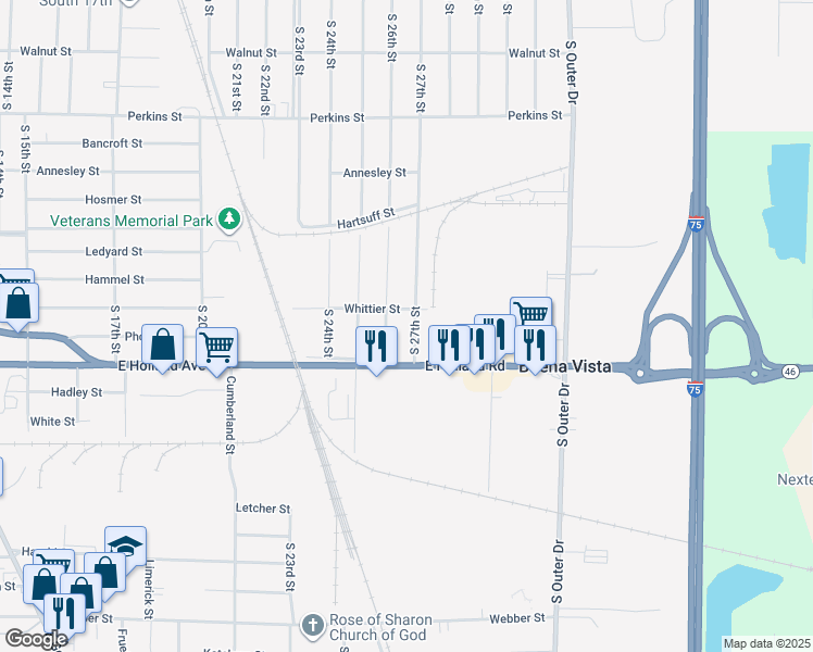map of restaurants, bars, coffee shops, grocery stores, and more near 1111 South 27th Street in Saginaw