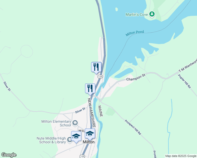 map of restaurants, bars, coffee shops, grocery stores, and more near 579 White Mountain Highway in Milton