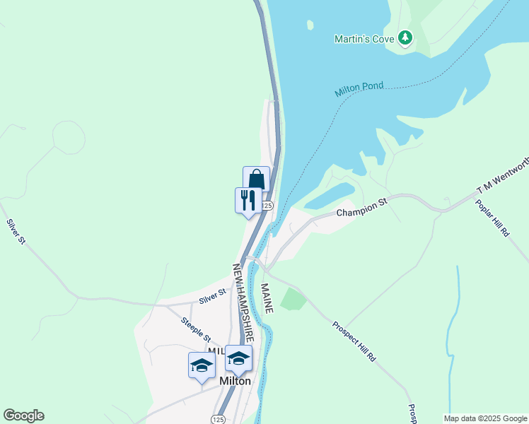 map of restaurants, bars, coffee shops, grocery stores, and more near Main Street in Milton