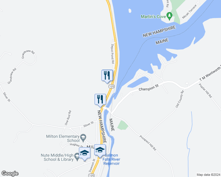 map of restaurants, bars, coffee shops, grocery stores, and more near 579 White Mountain Highway in Milton