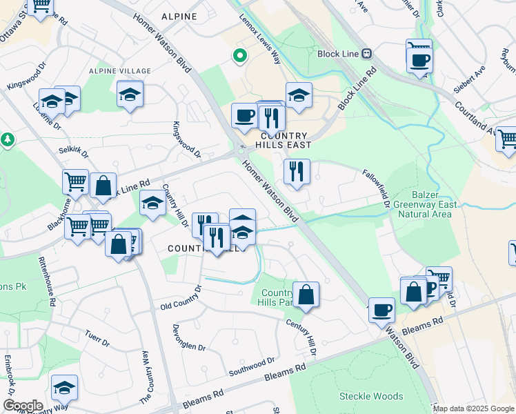 map of restaurants, bars, coffee shops, grocery stores, and more near 162 Coach Hill Drive in Kitchener