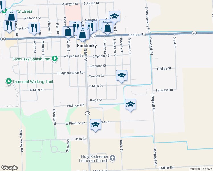 map of restaurants, bars, coffee shops, grocery stores, and more near 100 East Mills Street in Sandusky