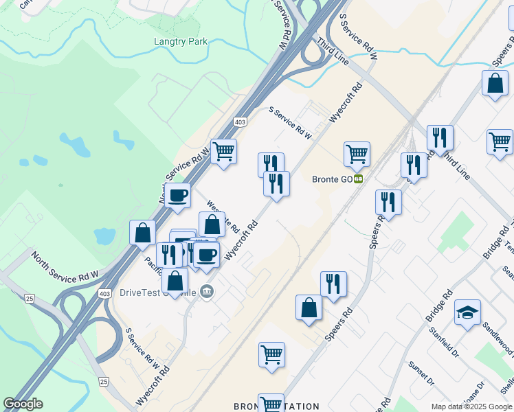 map of restaurants, bars, coffee shops, grocery stores, and more near 2231 Wyecroft Road in Oakville