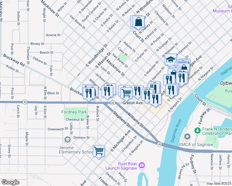 map of restaurants, bars, coffee shops, grocery stores, and more near 705 South Granger Street in Saginaw