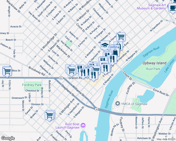 map of restaurants, bars, coffee shops, grocery stores, and more near 417 South Fayette Street in Saginaw
