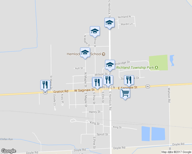 map of restaurants, bars, coffee shops, grocery stores, and more near 250 North Pine Street in Hemlock