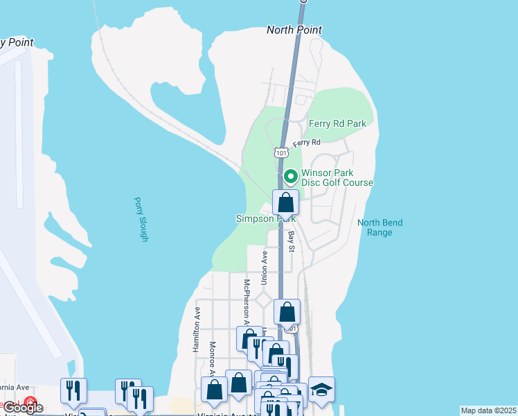 map of restaurants, bars, coffee shops, grocery stores, and more near 1380 Sherman Avenue in North Bend