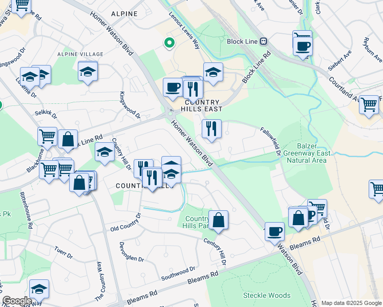 map of restaurants, bars, coffee shops, grocery stores, and more near 162 Coach Hill Drive in Kitchener