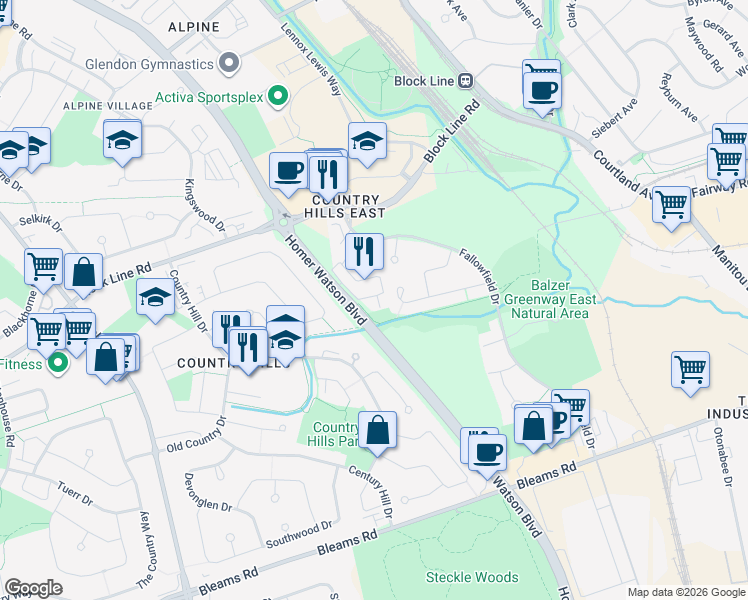 map of restaurants, bars, coffee shops, grocery stores, and more near 701 Homer Watson Boulevard in Kitchener