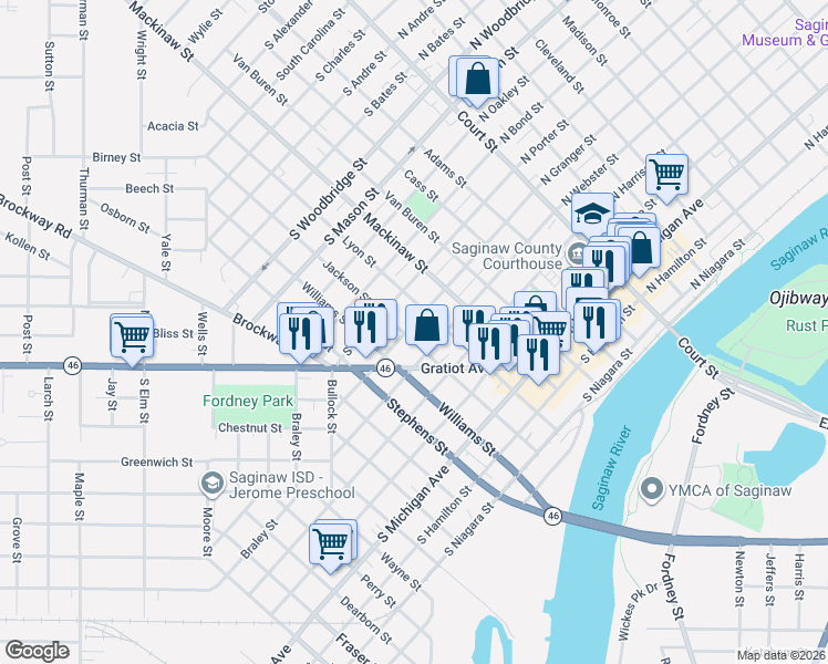map of restaurants, bars, coffee shops, grocery stores, and more near 705 South Granger Street in Saginaw