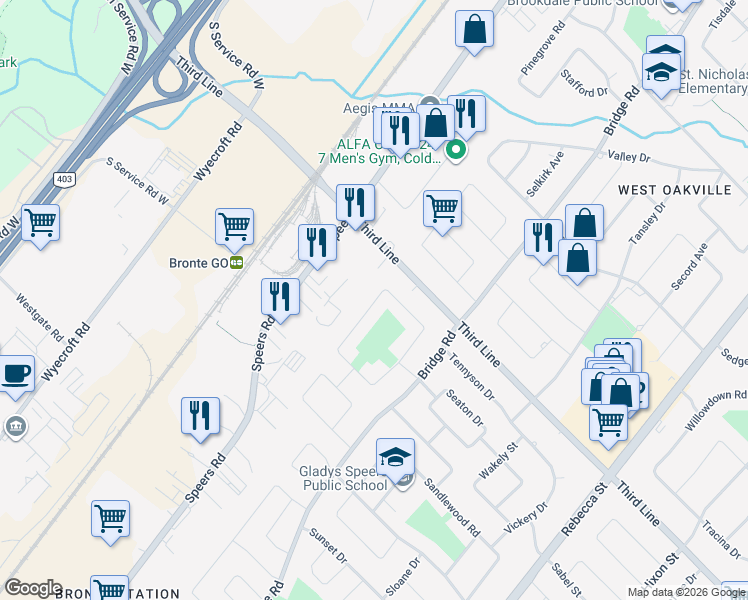 map of restaurants, bars, coffee shops, grocery stores, and more near 2032 Saxon Road in Oakville