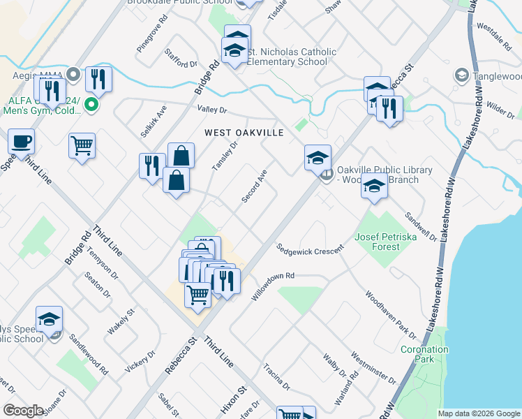 map of restaurants, bars, coffee shops, grocery stores, and more near 1361 Stanbury Road in Oakville