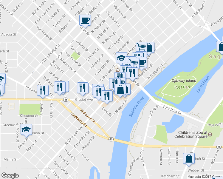 map of restaurants, bars, coffee shops, grocery stores, and more near 333 South Michigan Avenue in Saginaw Charter Township