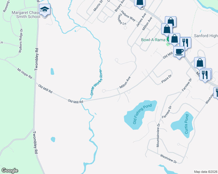 map of restaurants, bars, coffee shops, grocery stores, and more near 153 Milton Avenue in Sanford